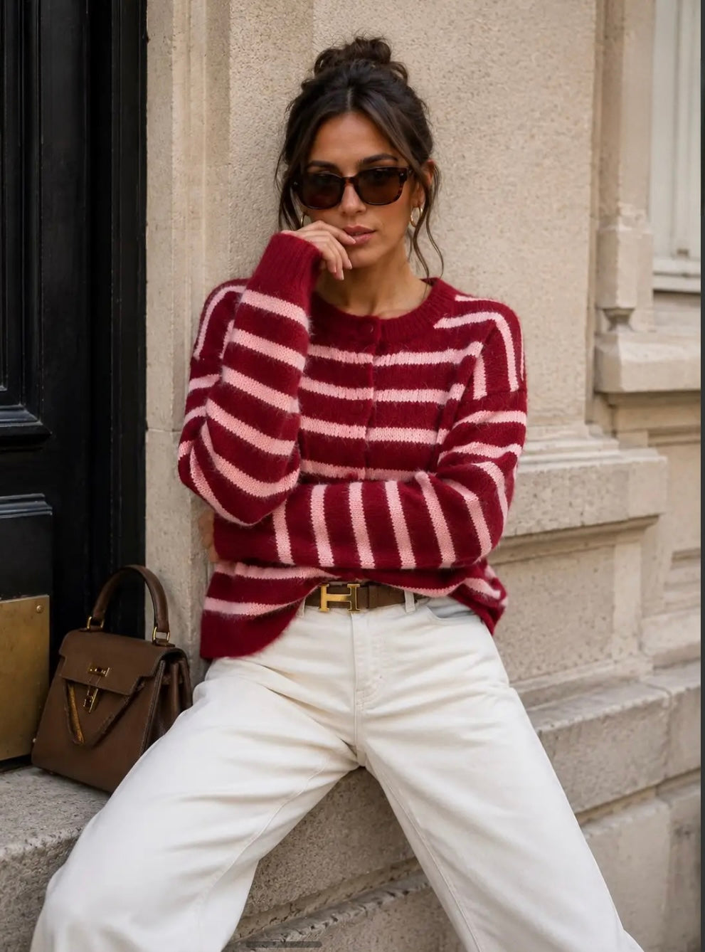 Burgundy/Pink Stripe Knit Cardi
