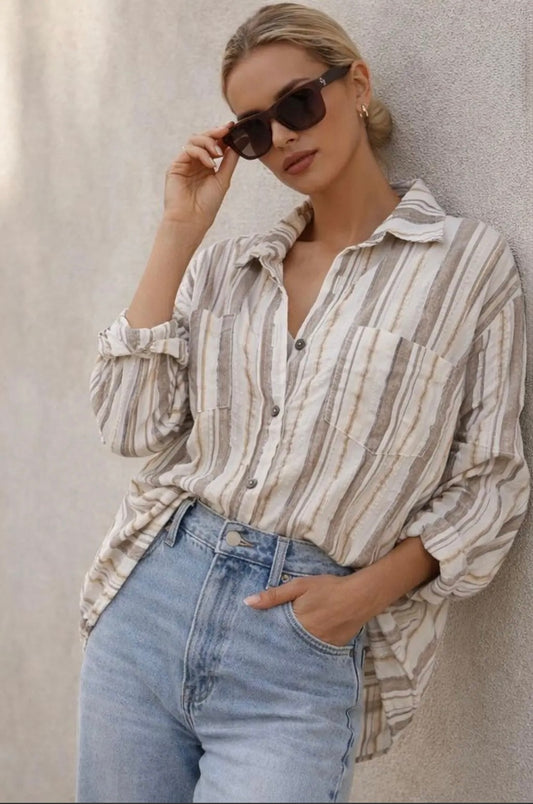 Beige Loose Fit Striped Shirt