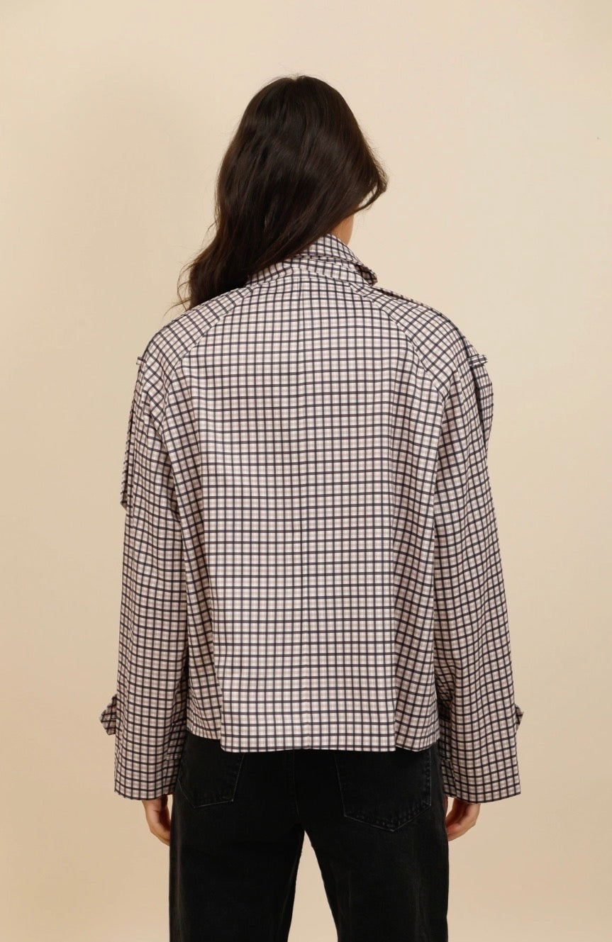 Checked High Collar Short Oversized Trench Coat