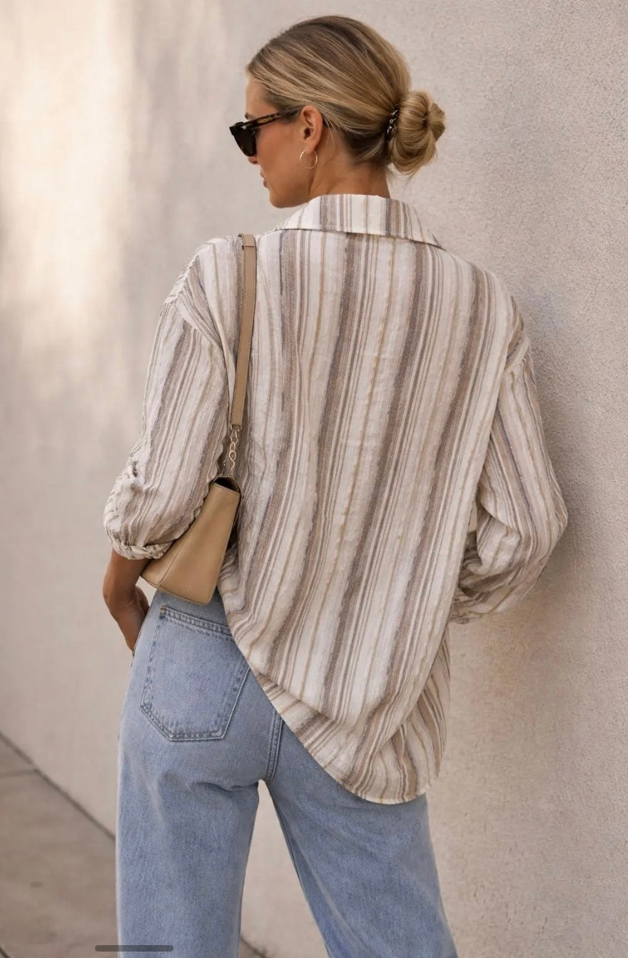 Beige Loose Fit Striped Shirt