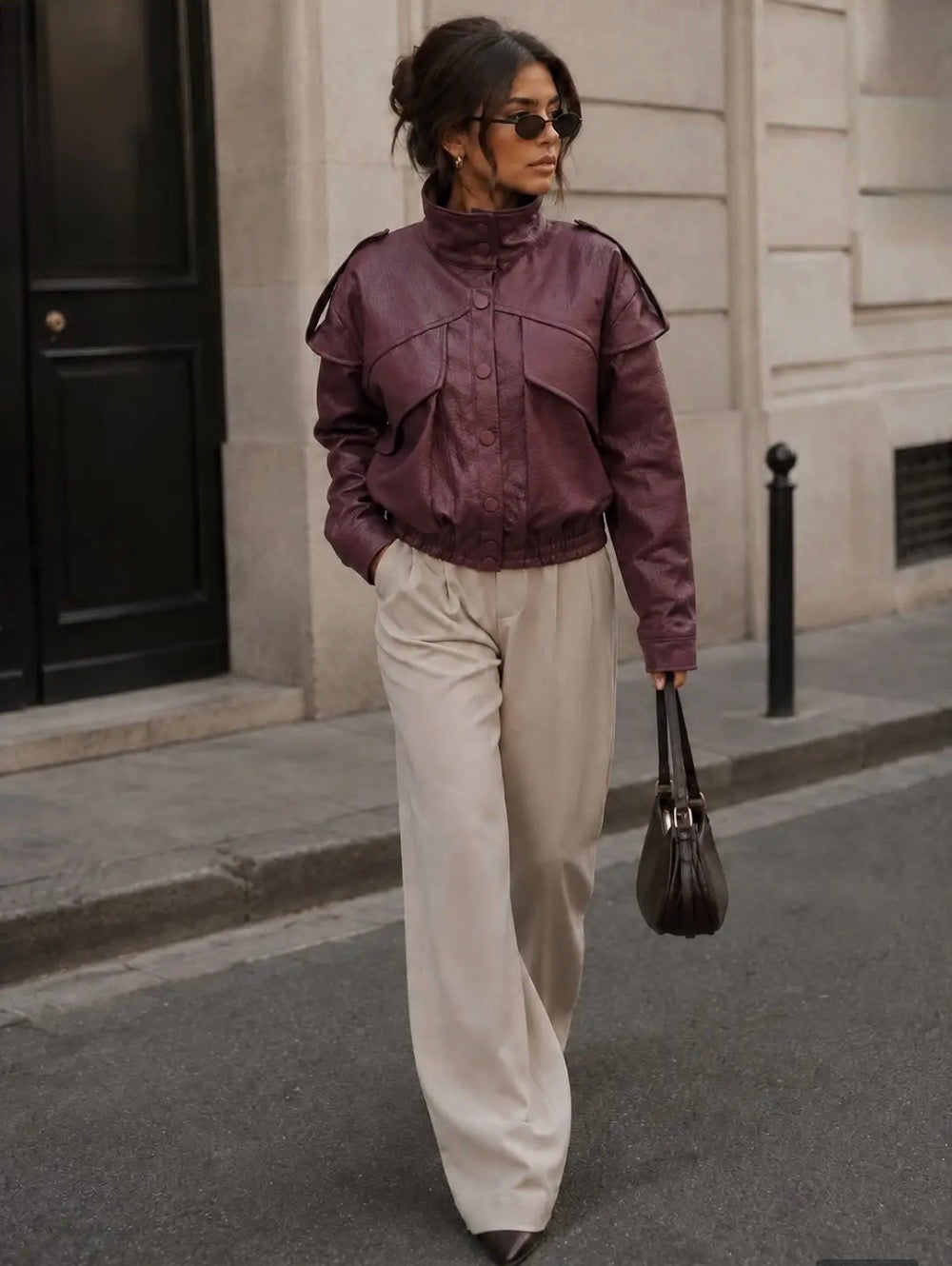 Plum Short Faux Leather Jacket