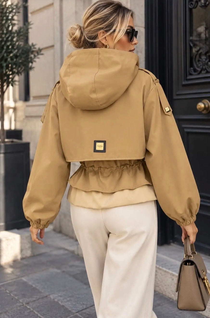 Taupe Hooded Jewel Detailed Safari Jacket