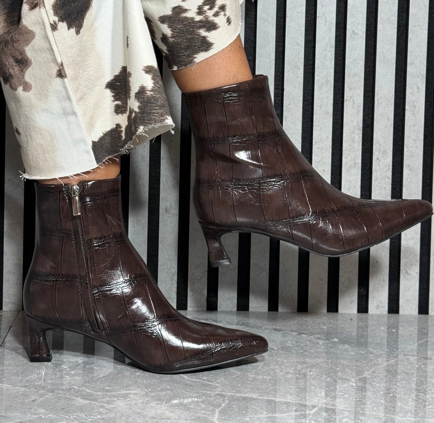 Rant & Rave- 'Malik' Brown Croc Kitten Heel Boot