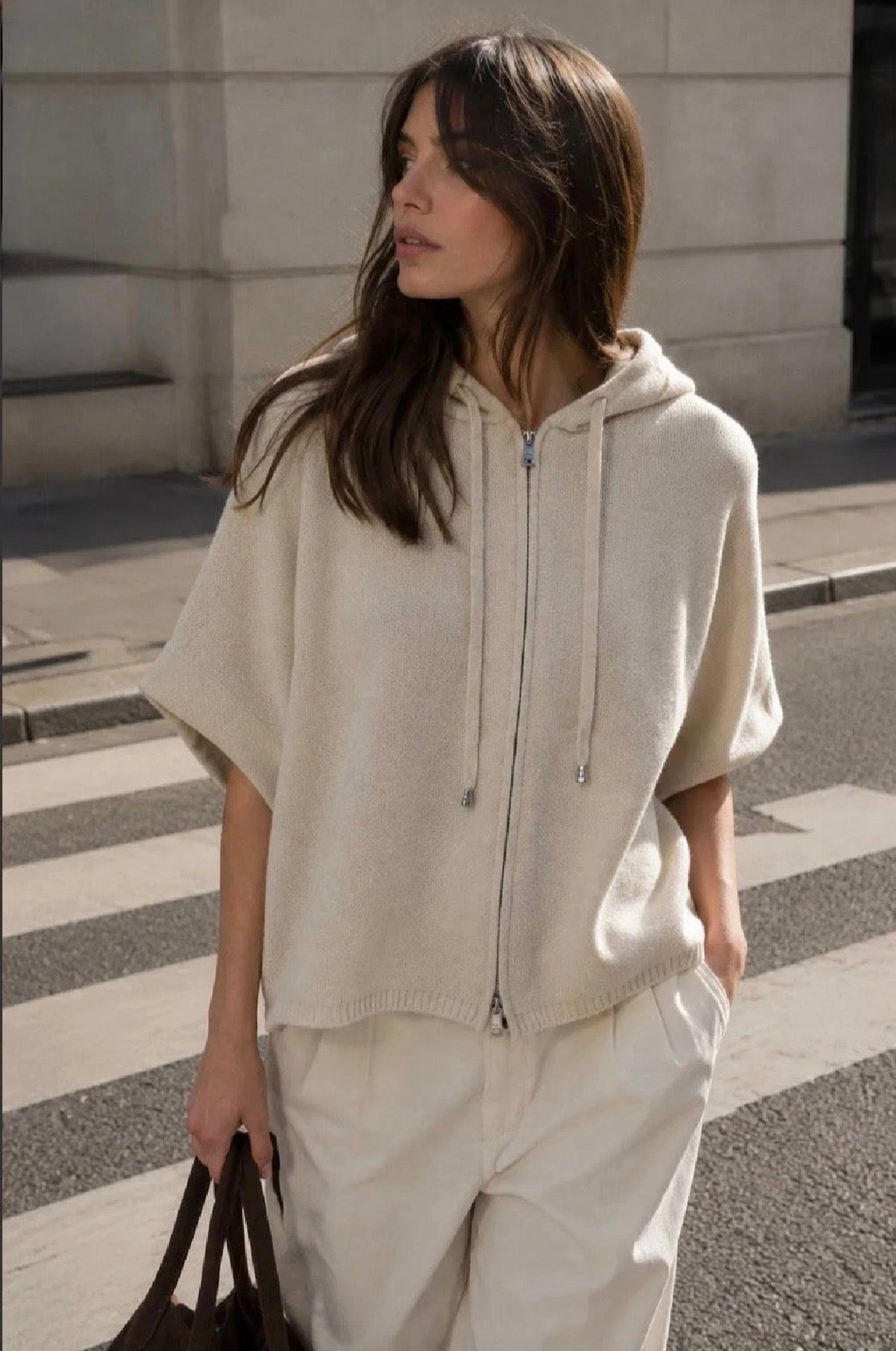Beige Bat Wing Knit Hoodie