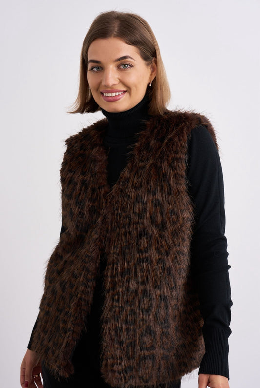 Dark Brown Leopard Faux Fur Gilet.