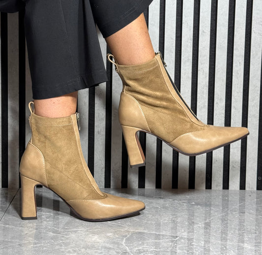 Marco Tozzi - Beige Combo Front Zip Heeled Boot