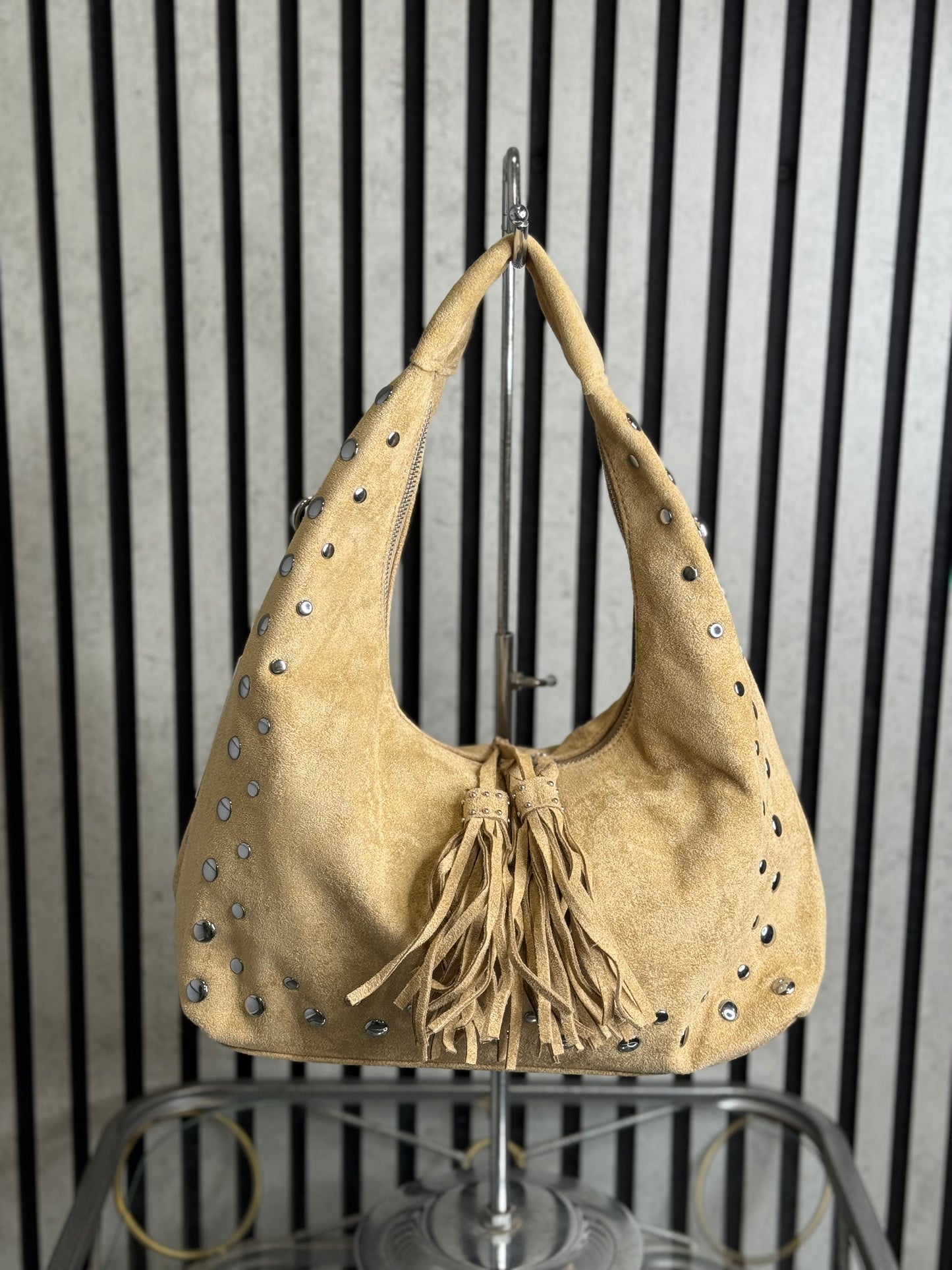 hannah k - 'Yvette' Beige Stud Detail Faux Suede Handbag