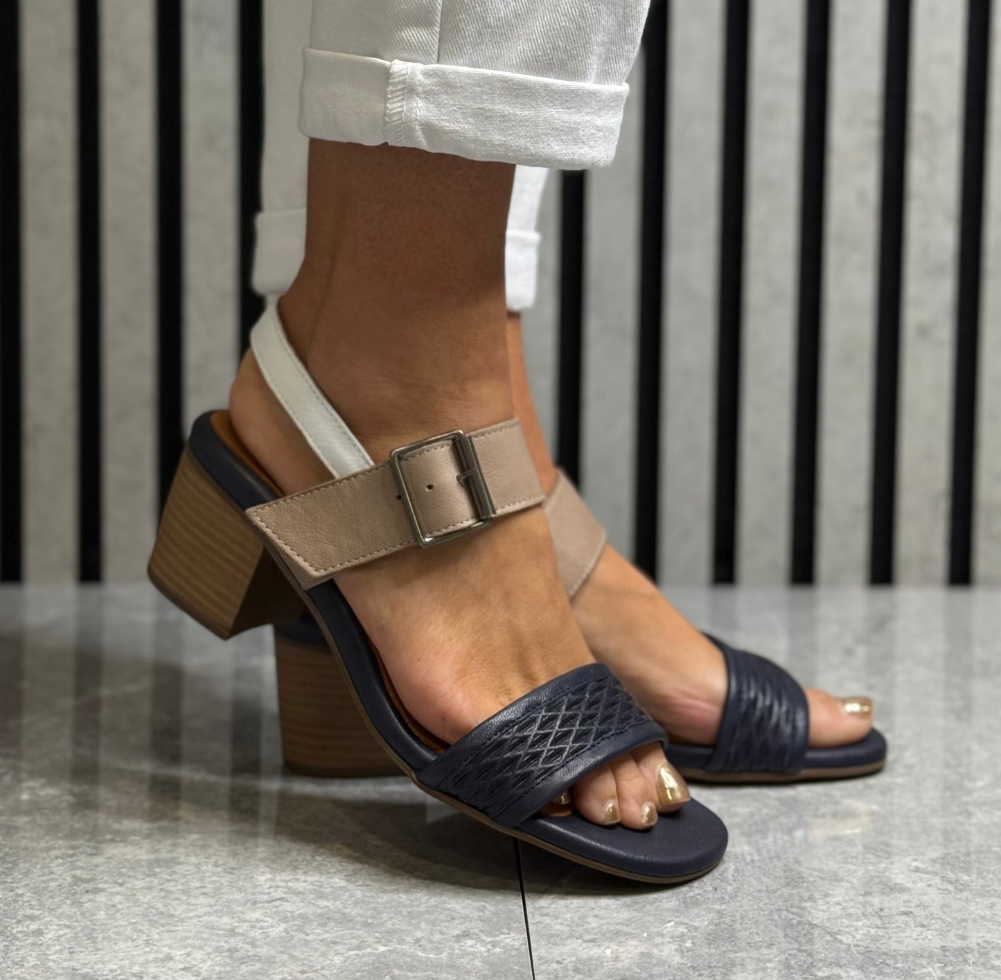 Modella - ‘Elsie' Navy/Taupe Leather Sandal