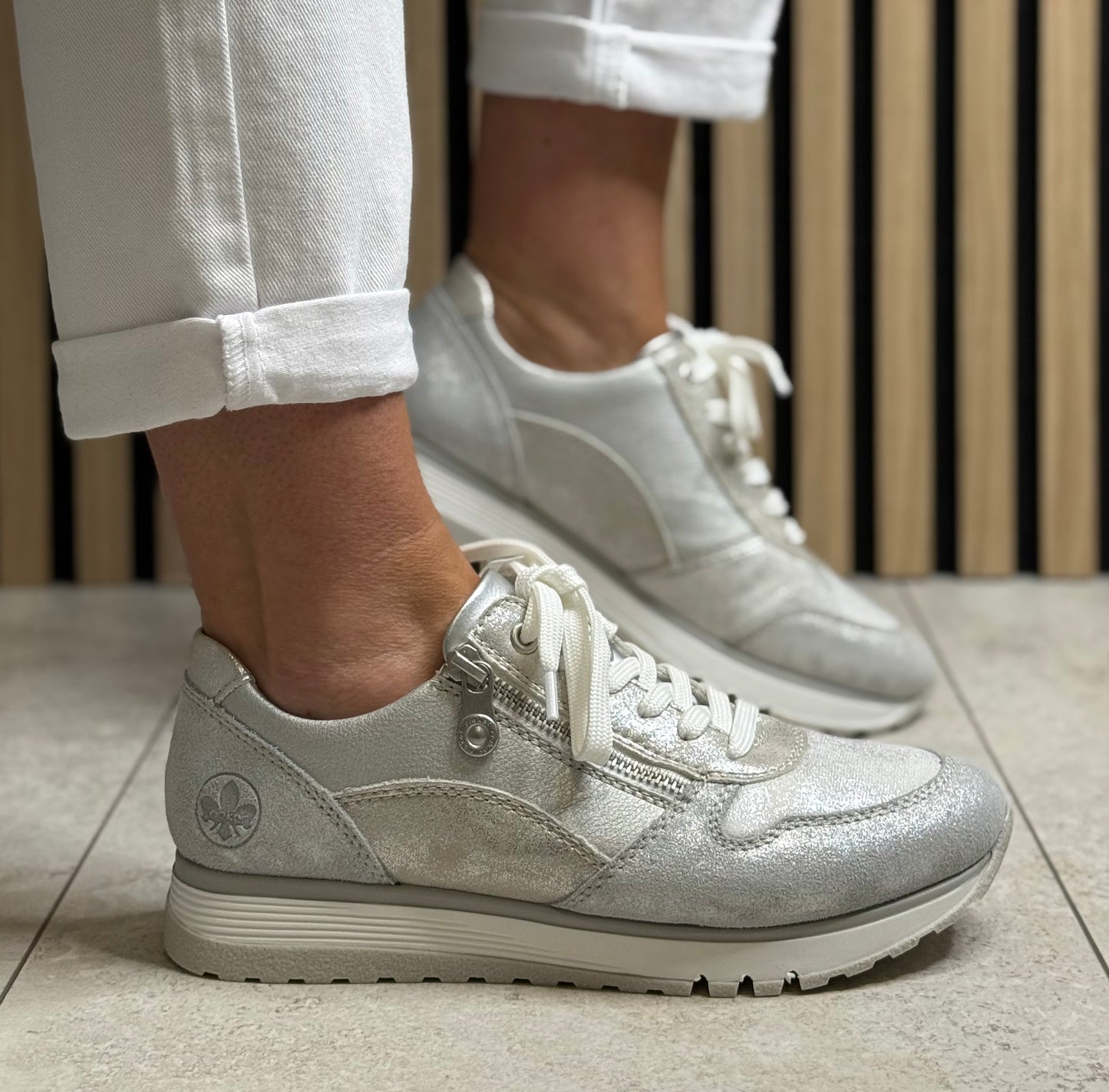 Rieker - Silver Combo Side Zip Leather Trainer