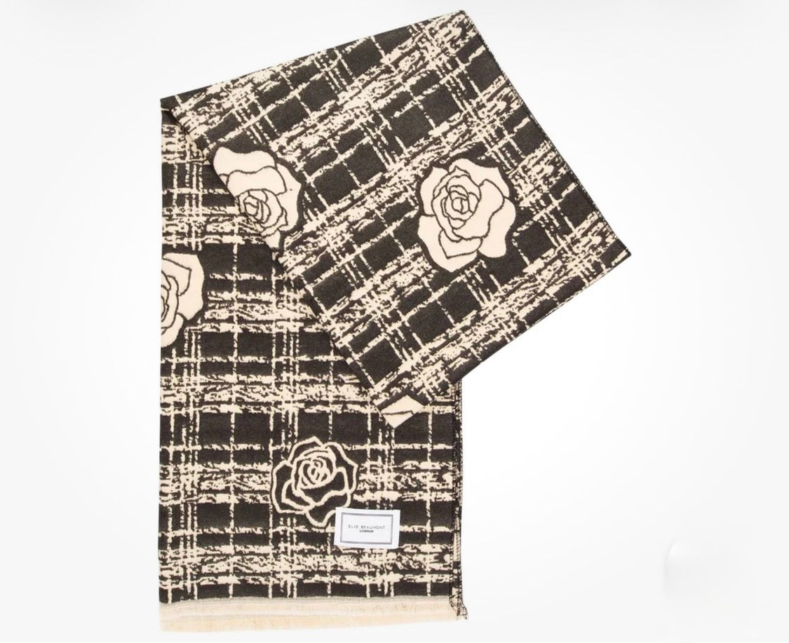 Elie Beaumont - Black & Ivory Roses on Checks Scarf (6028)