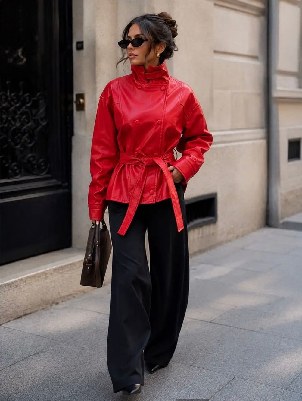 Red Faux Leather Belted Jacket.