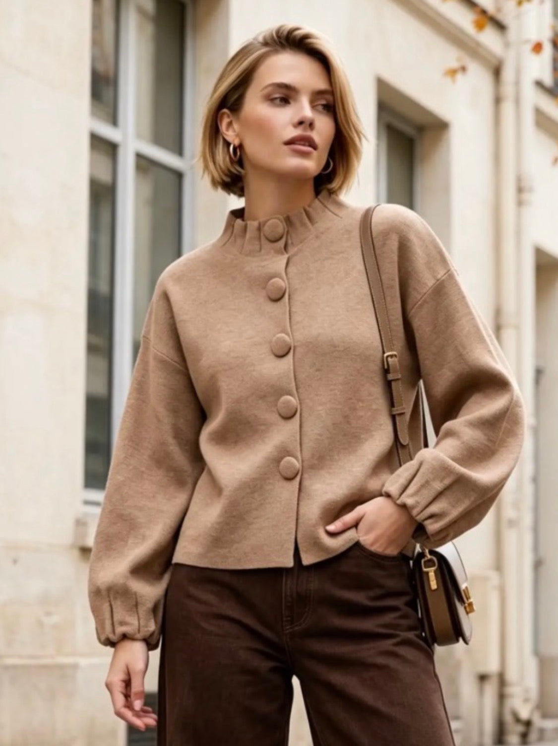 Taupe High Neck Ruched Sleeve Cardi