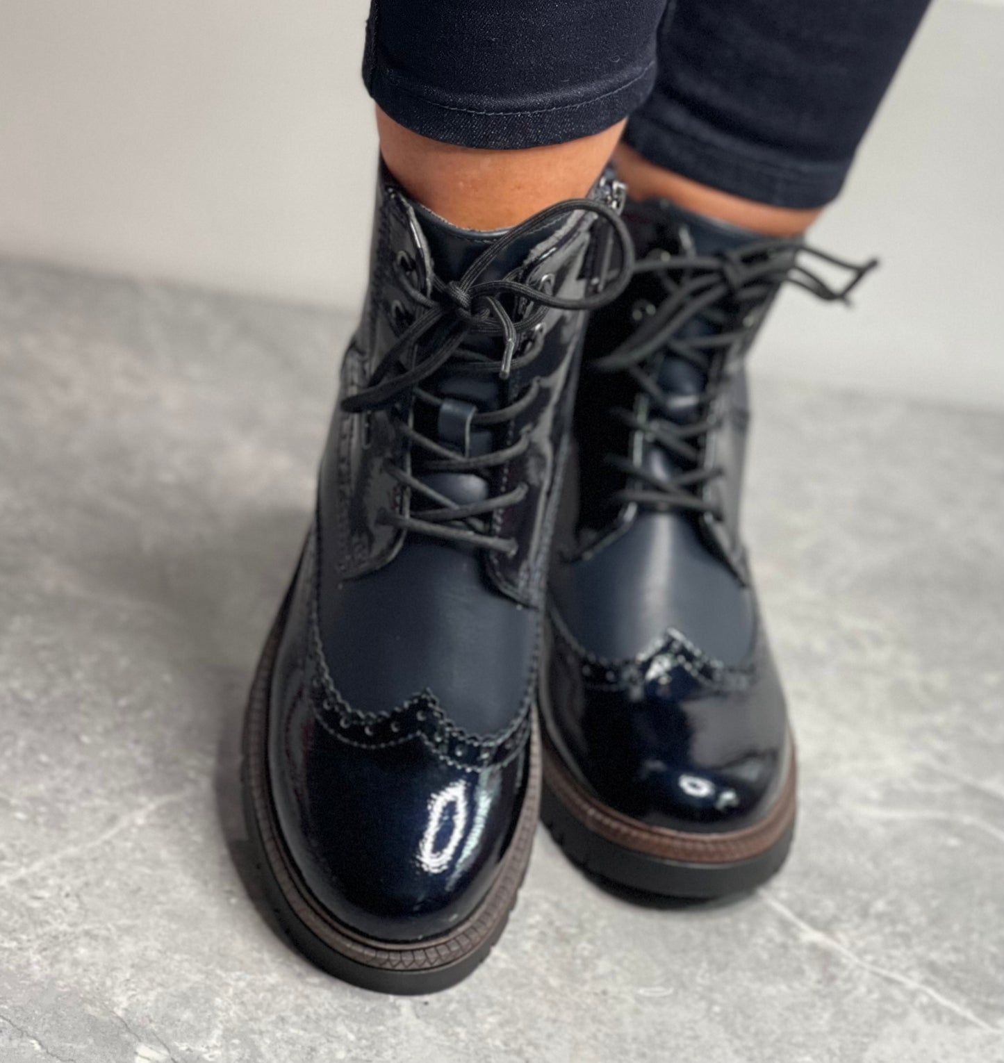 S Oliver - Navy Patent Combo Laced Boot