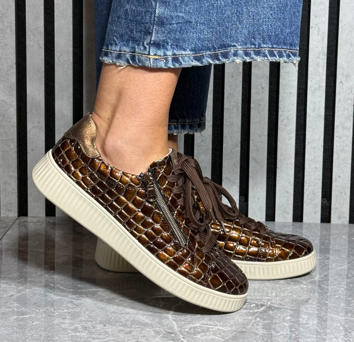 Remonte -  Brown Croc Patent Side Zip Trainer