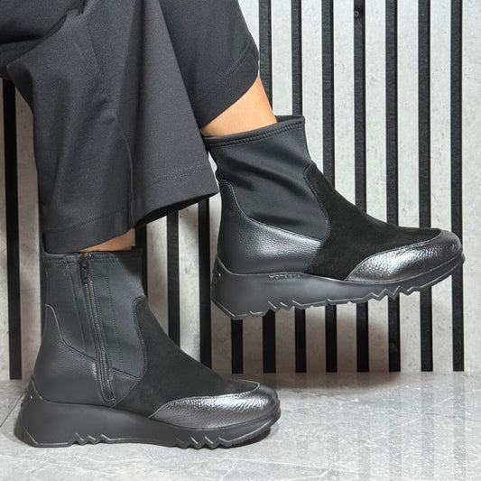 Wonders - E6782 Black/Pewter Metallic Leather Combo Sock Boot