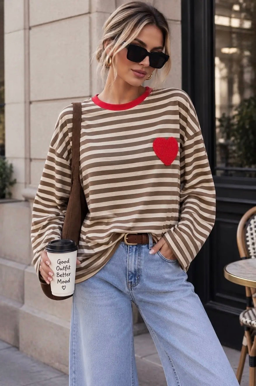 Camel Stripe With Heart Detail L/S Tee