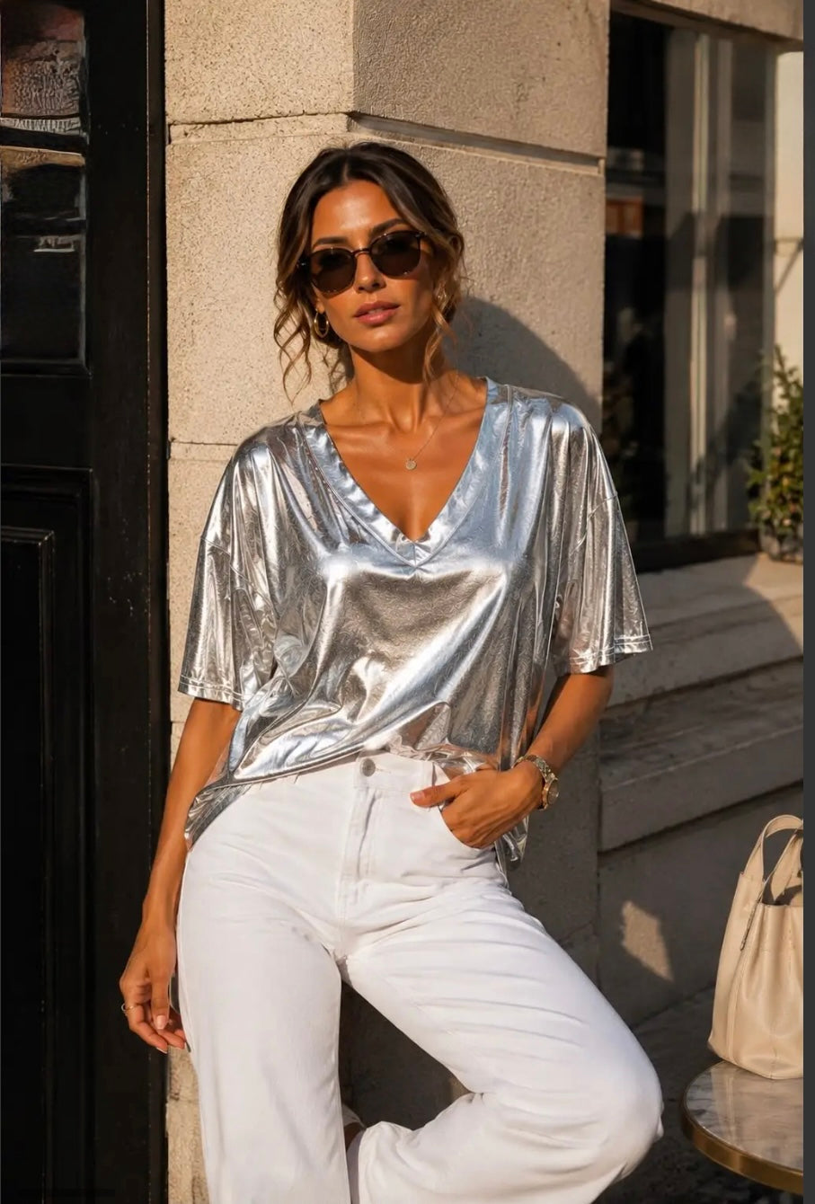 Silver Metallic V Neck Top
