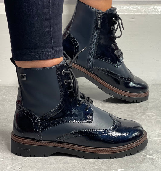 S Oliver - Navy Patent Combo Laced Boot