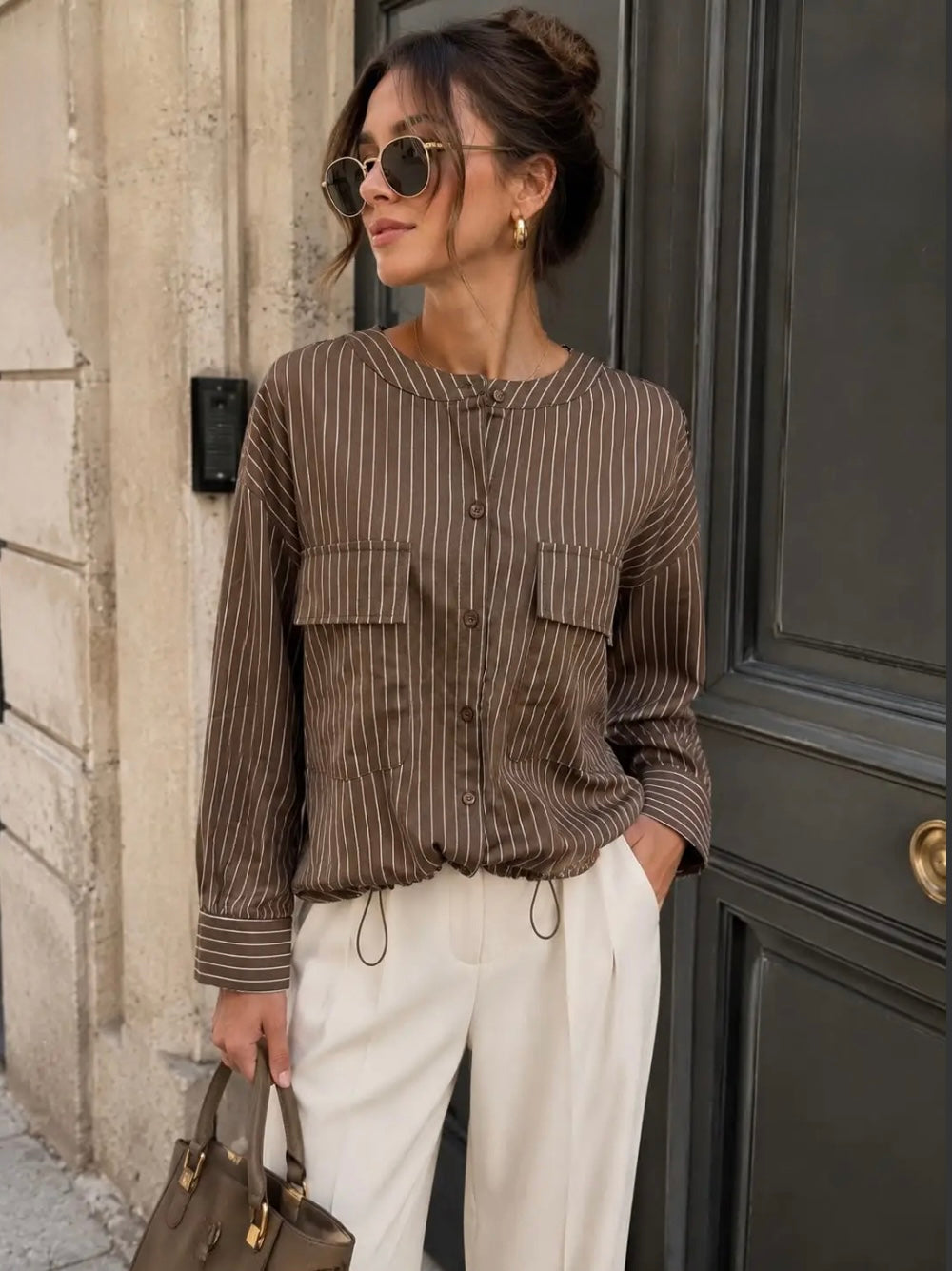 Brown Striped Shirt With Drawstring.