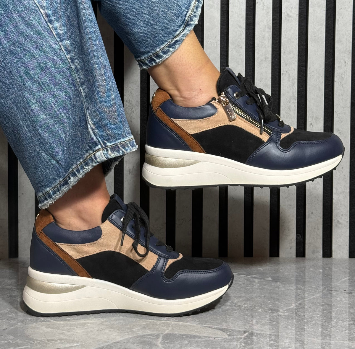 Lotus - 'Moore' Navy/Tan Wedge Trainer