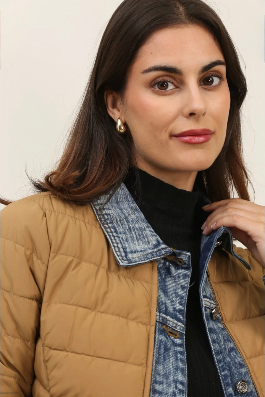 Camel/Denim Trim Short Puffer Jacket