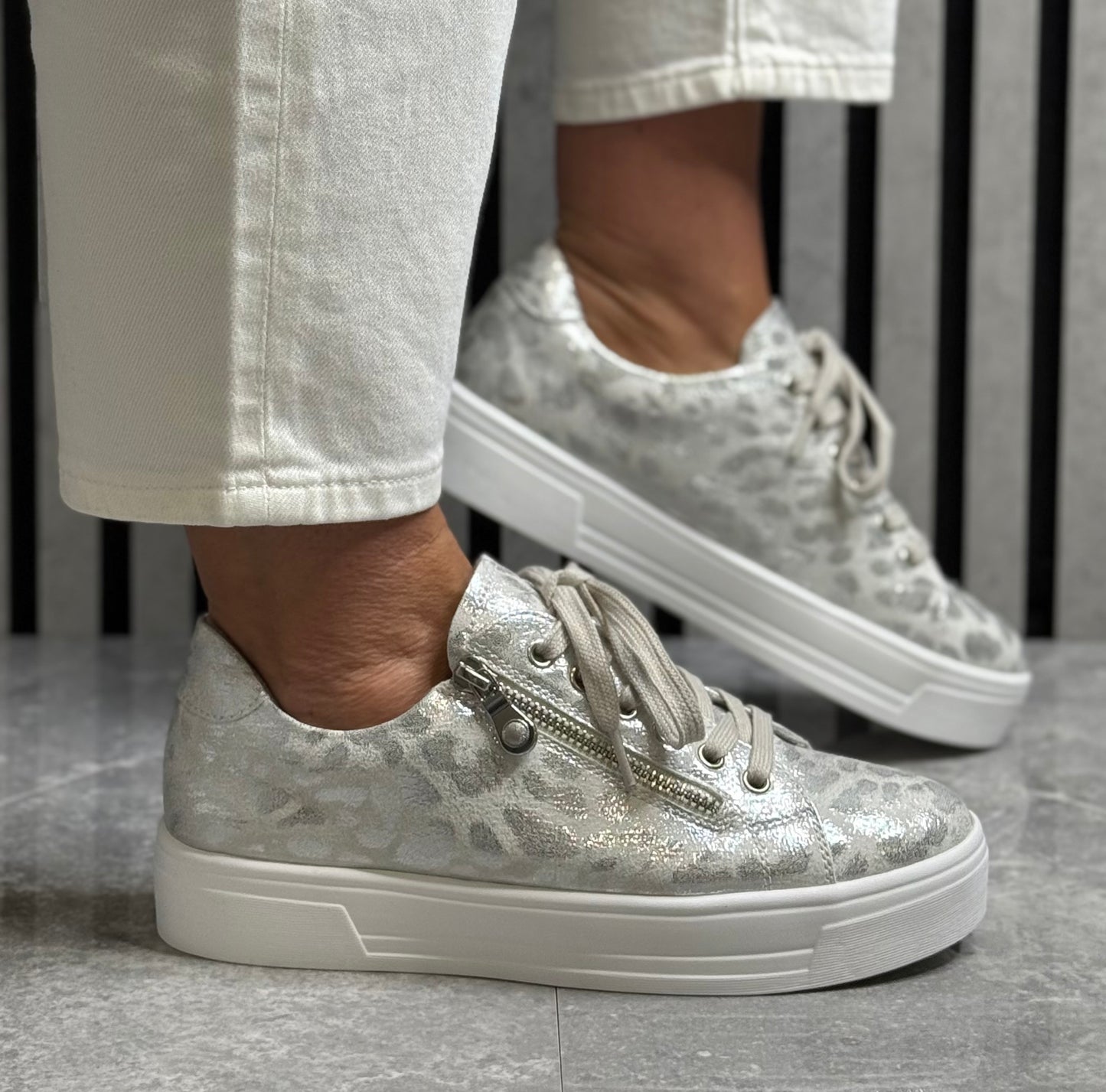 Lunar - 'Charm' Silver Animal Print Metallic Trainer