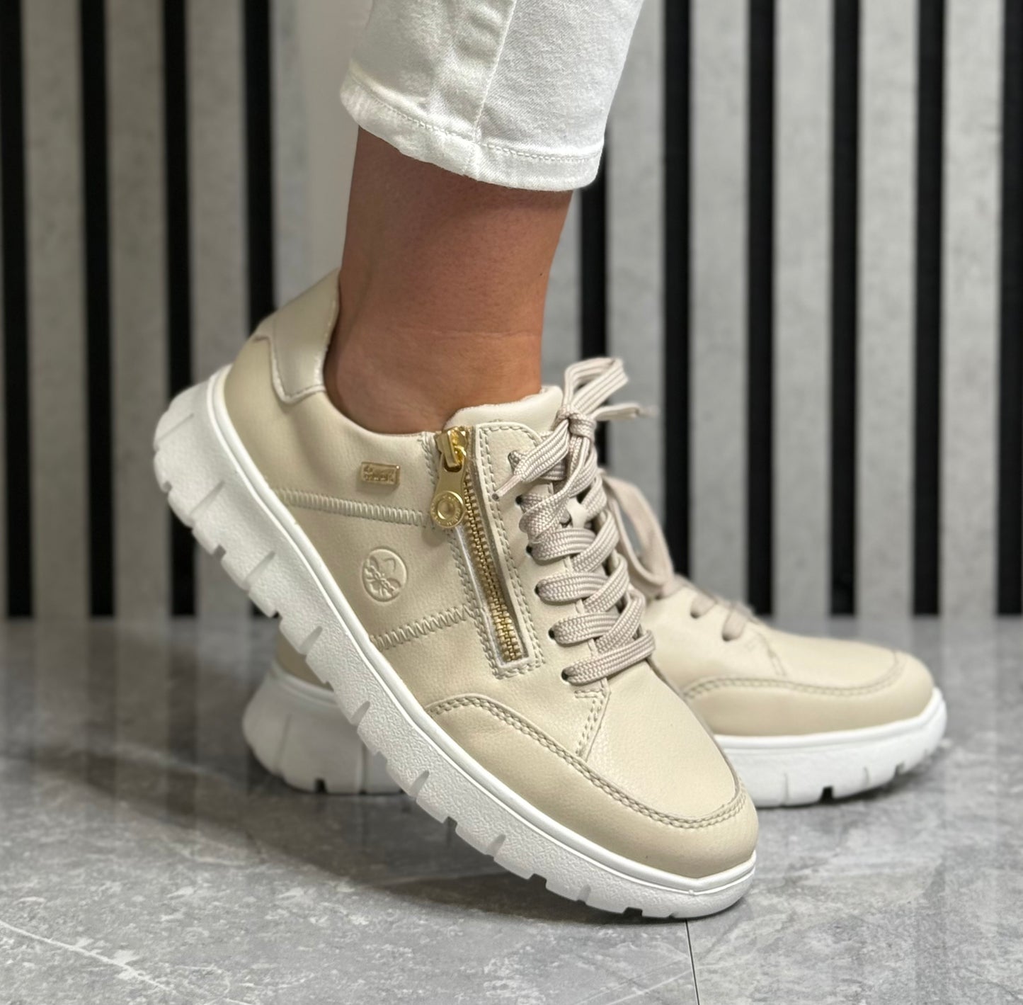 Rieker - Beige 'TEX' Side Zip Wide Fit Leather Trainer