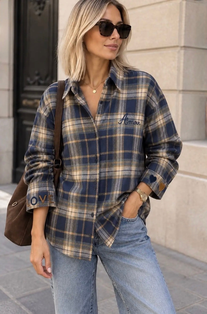 Navy Check Embroidered Detail Oversized Shirt