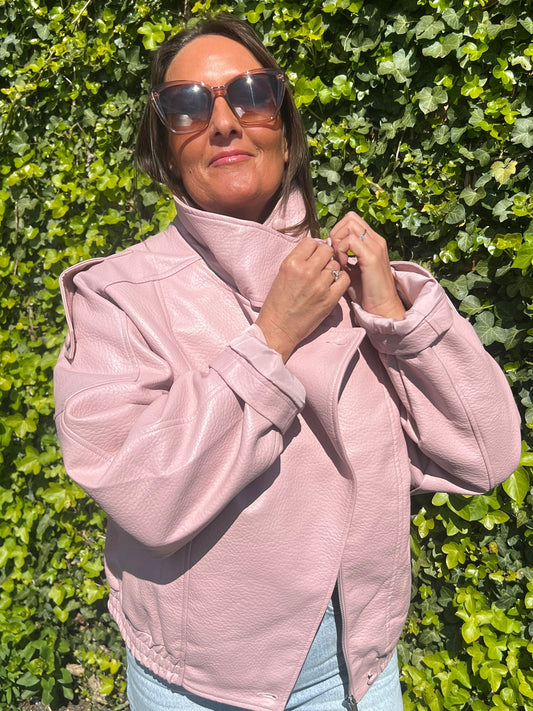 Pink Faux Leather Funnel Neck Jacket