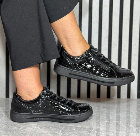 Jana - Black Croc Patent Trainer