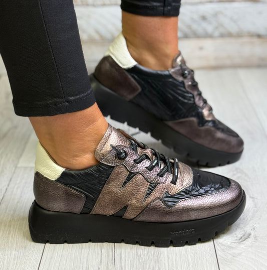 Wonders - A-2491 Black/Bronze Combo Leather Trainer