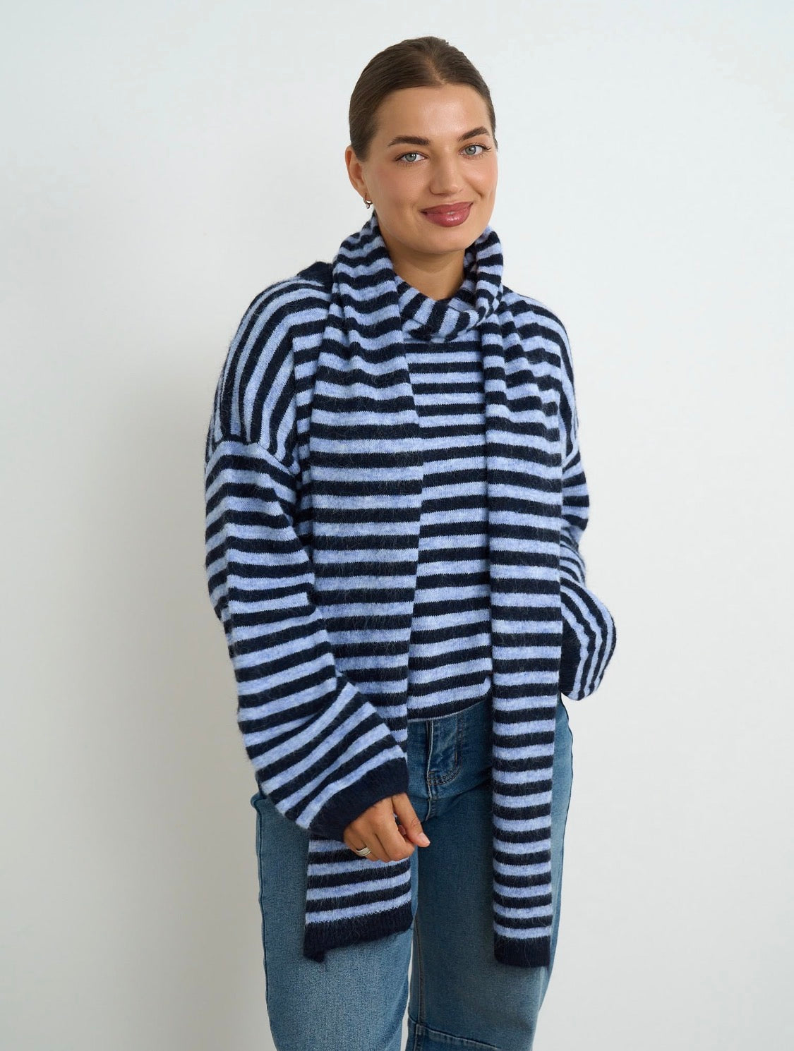 Navy Stripe Oversized Knit With Detachable Scarf