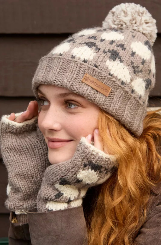 Pachamama  - ‘Sheep’ Mushroom Merino Roll Back Bobble Beanie Hat