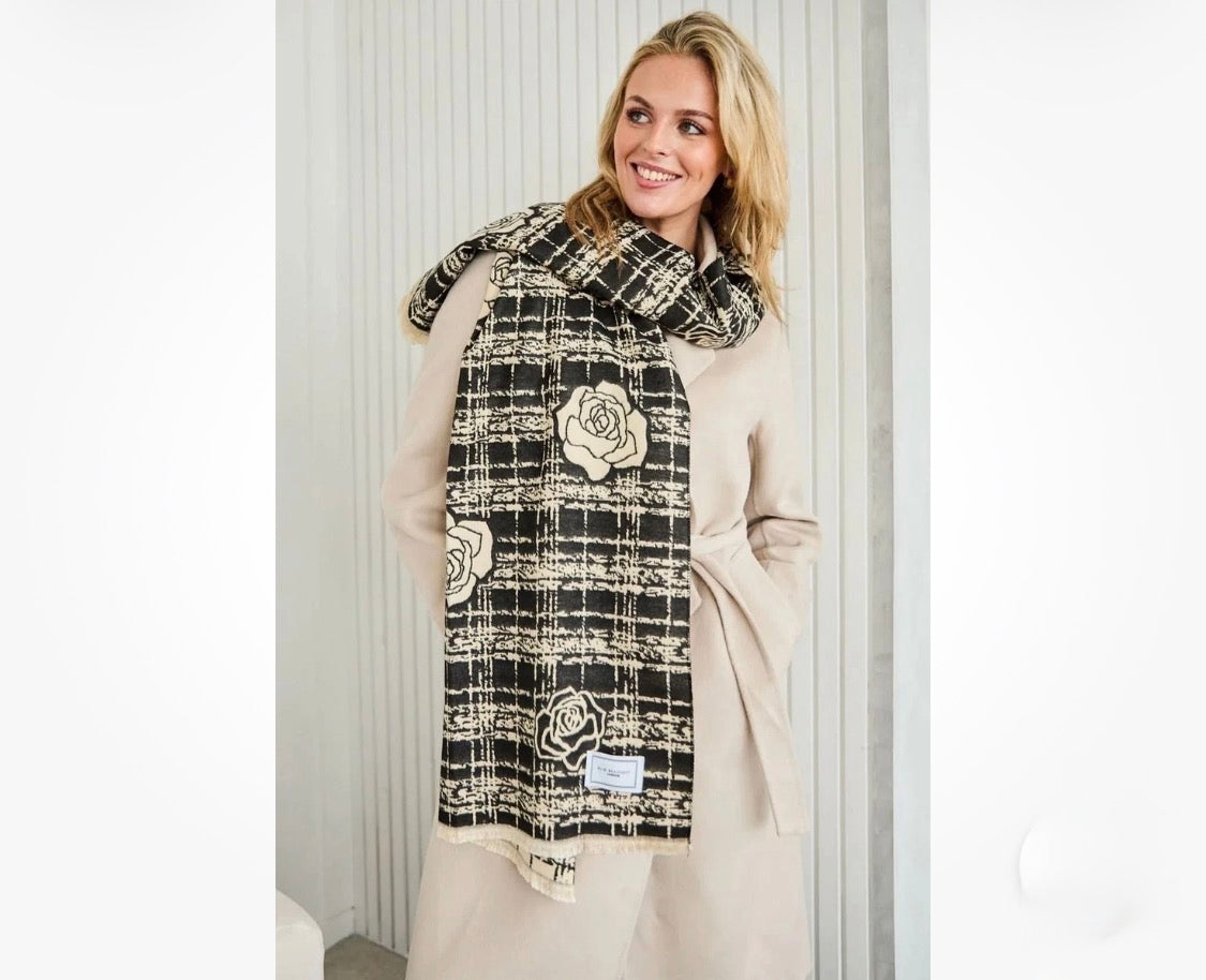 Elie Beaumont - Black & Ivory Roses on Checks Scarf (6028)