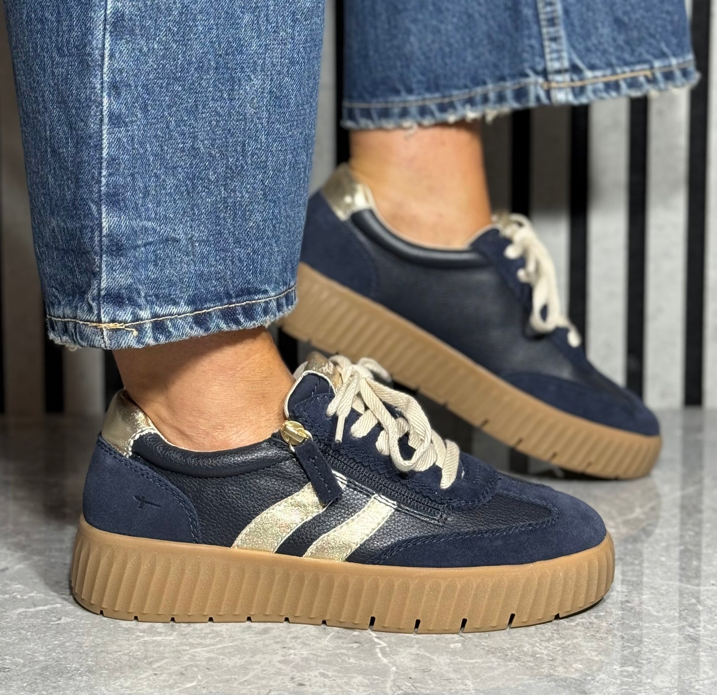 Tamaris Comfort - Navy/Gold Trim Gum Sole Trainer