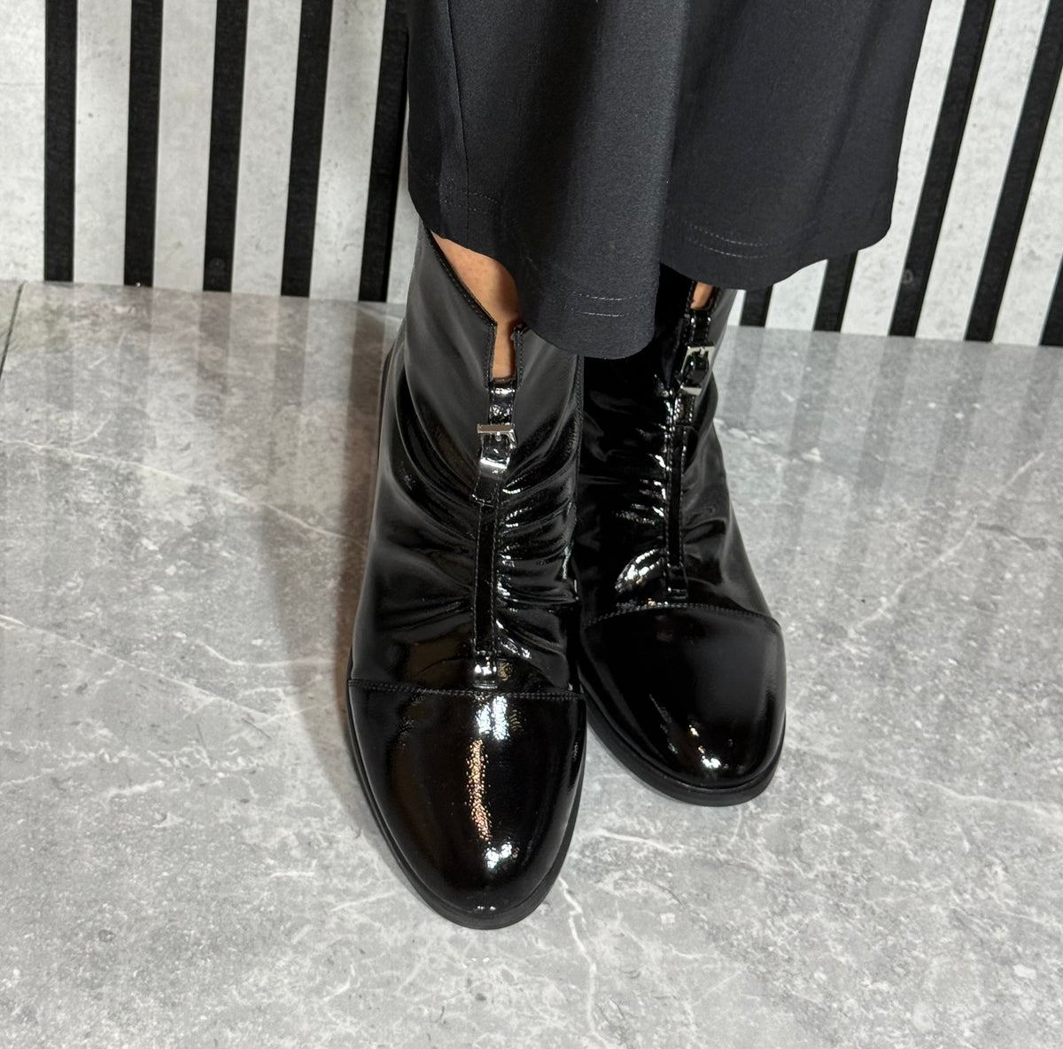 Lotus - 'Tarni' Black Patent Ruched Boot