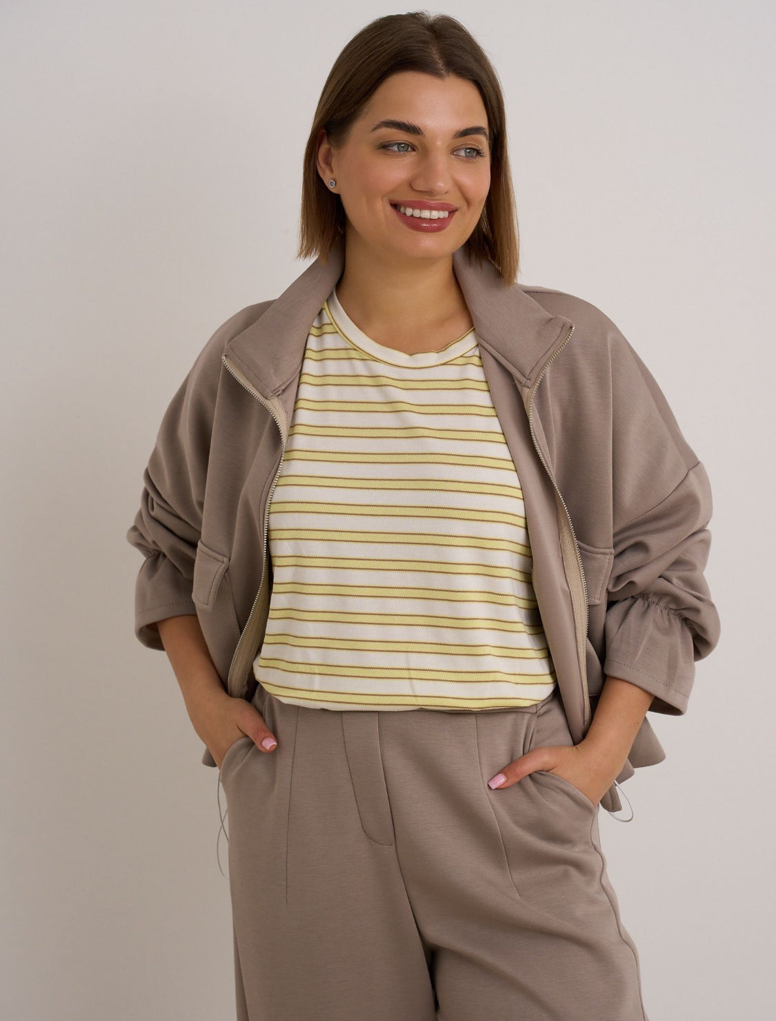 Beige Drawstring Bomber Jacket