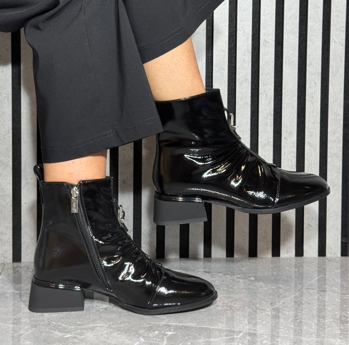 Lotus - 'Tarni' Black Patent Ruched Boot