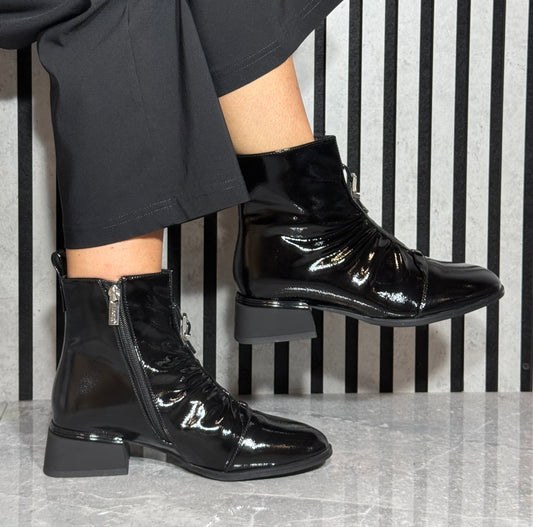 Lotus - 'Tarni' Black Patent Ruched Boot