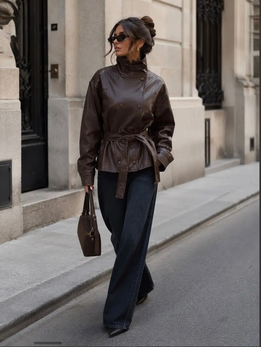 Brown Faux Leather Belted Jacket.