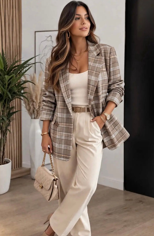 Beige Check Oversized Jacket