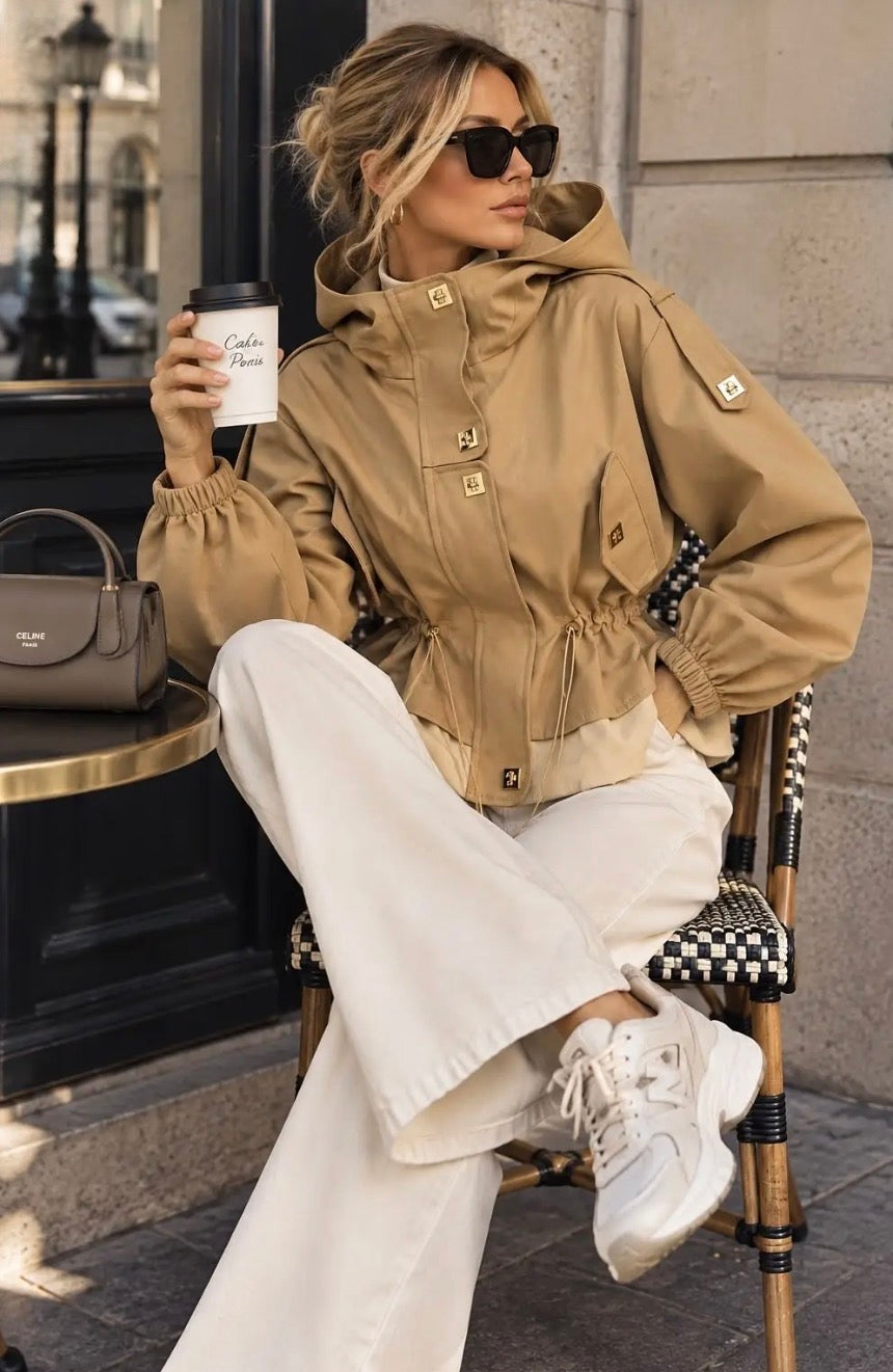 Taupe Hooded Jewel Detailed Safari Jacket
