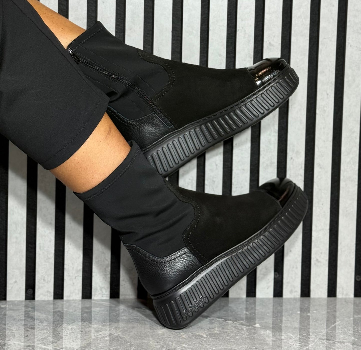 Wonders - A-5207 Black Suede/Leather Stretch Platform Boot
