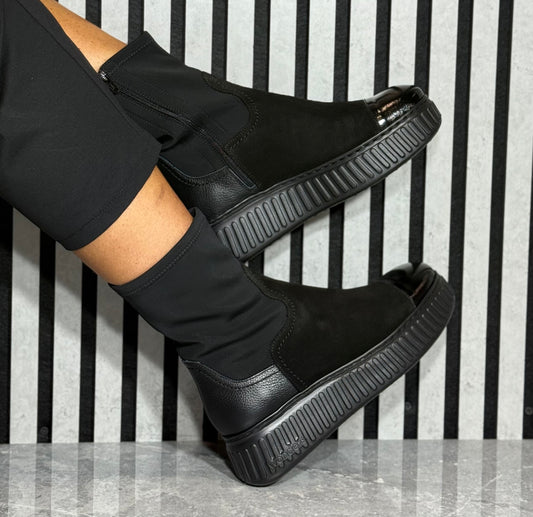 Wonders - A-5207 Black Suede/Leather Stretch Platform Boot