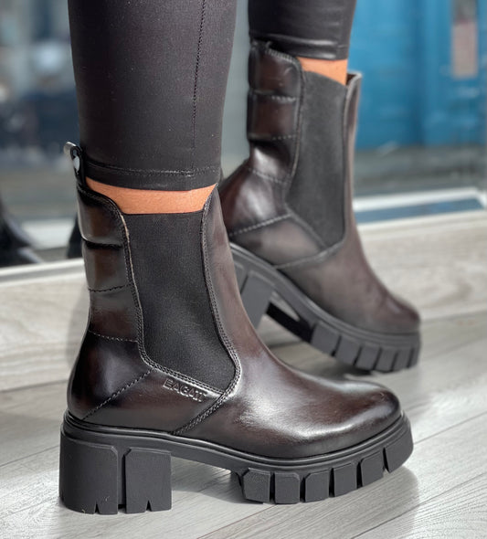Bagatt- Dark Grey Block Heel Slip On Leather Boot