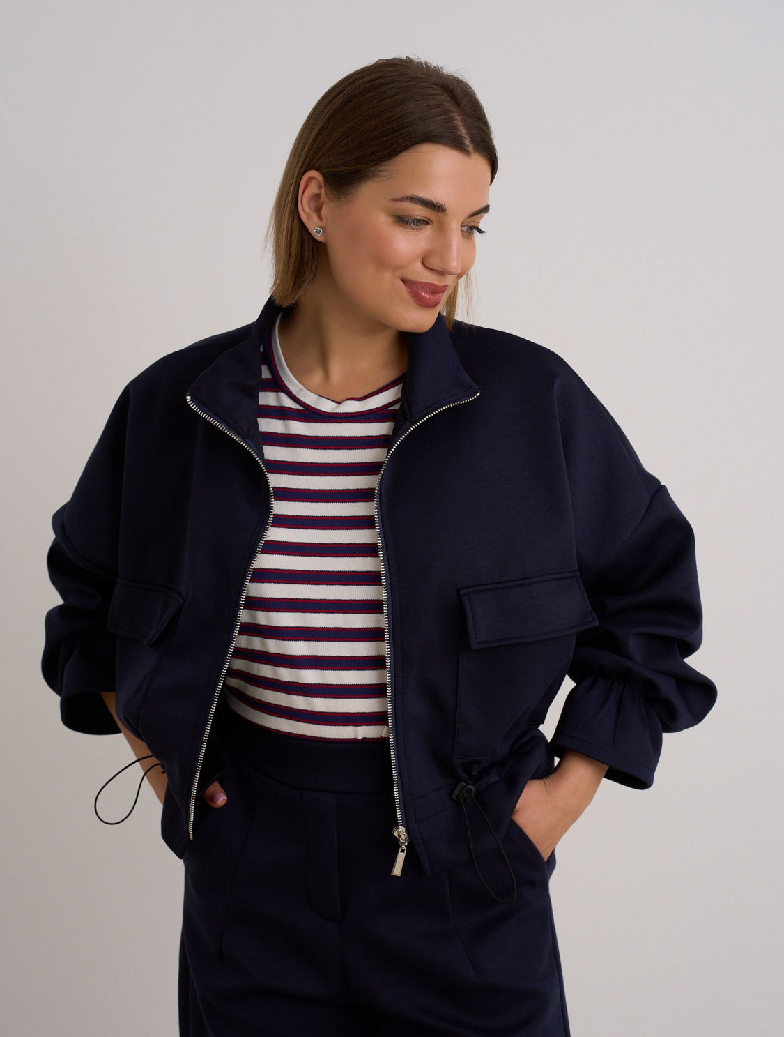 Navy Drawstring Bomber Jacket