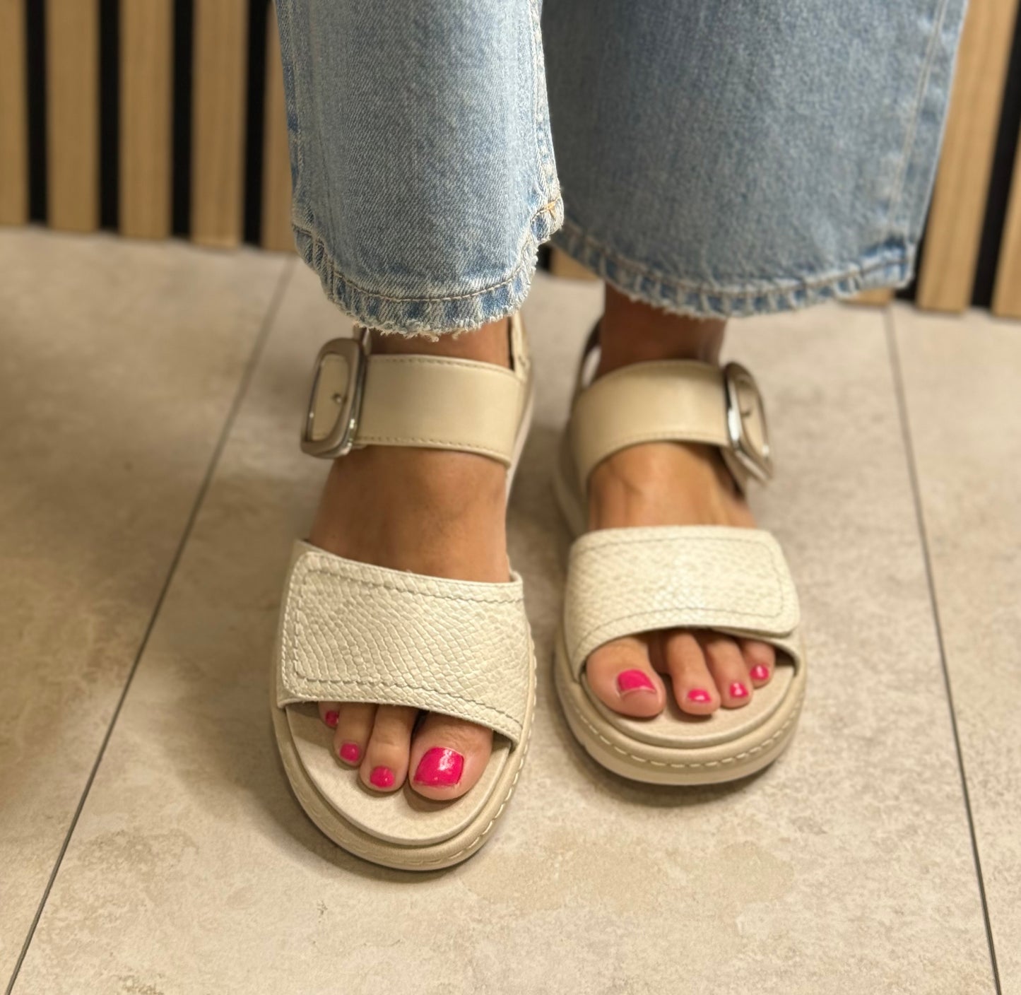 Jana - Ivory Combo Buckle Detail Leather Sandal