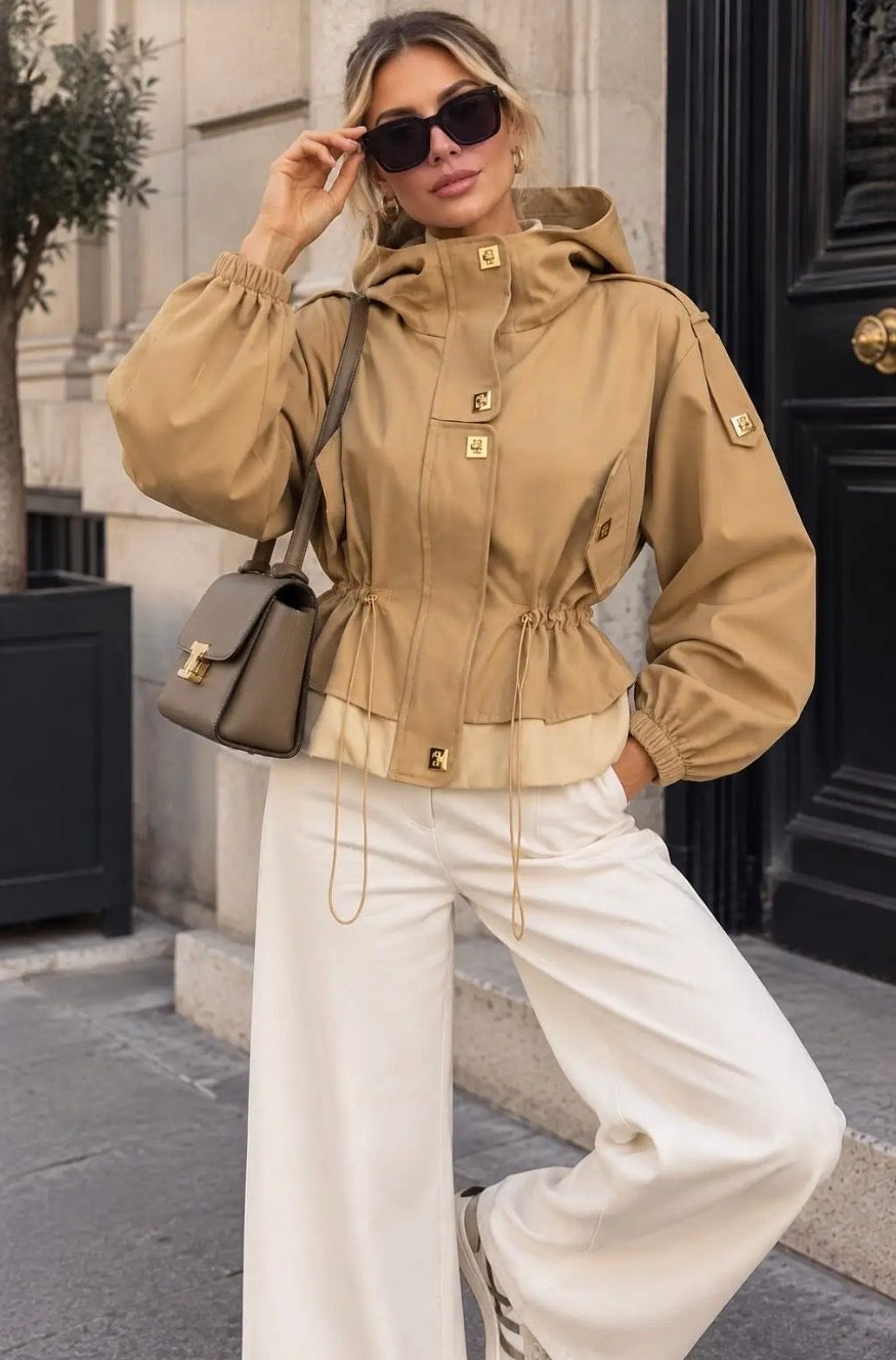 Taupe Hooded Jewel Detailed Safari Jacket