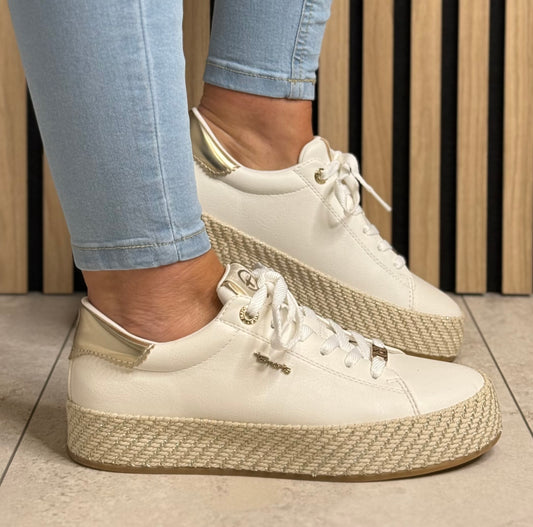 Tamaris - White/Gold Woven Sole Platform Trainer