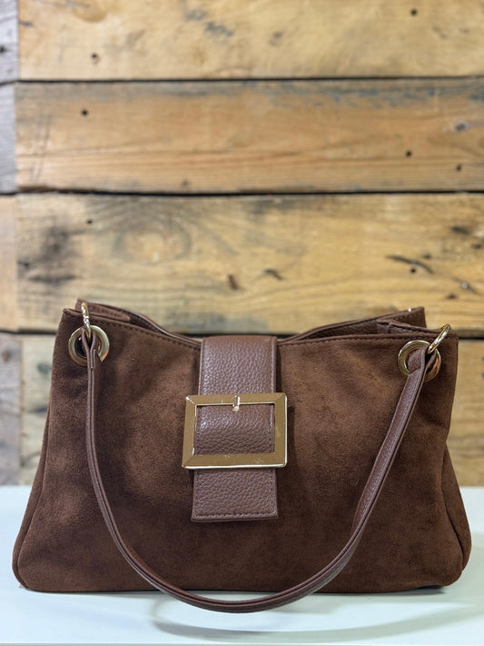 hannah k - 'Ciara' Brown Faux Suede Buckle Bag